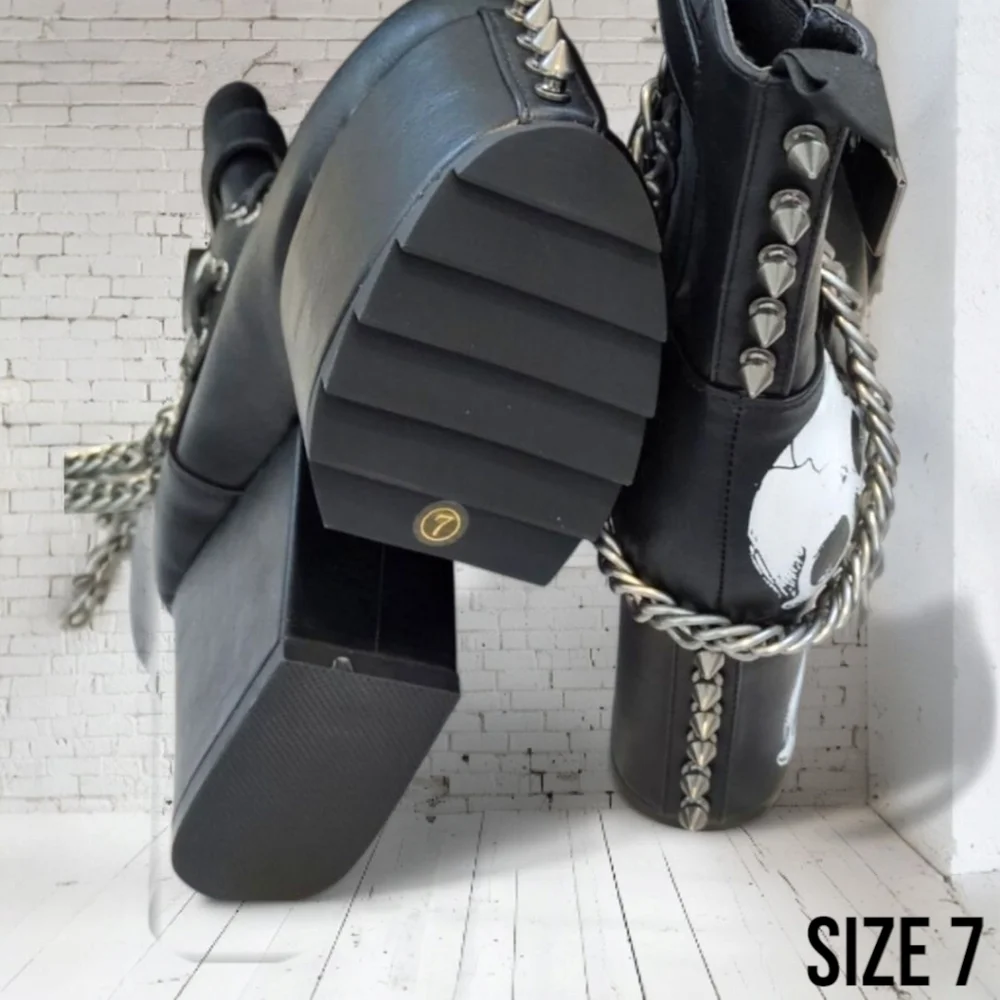 Dolls Kill x Lamoda Platform Skull Chain Spike Ankle Boots Vegan Leather Goth